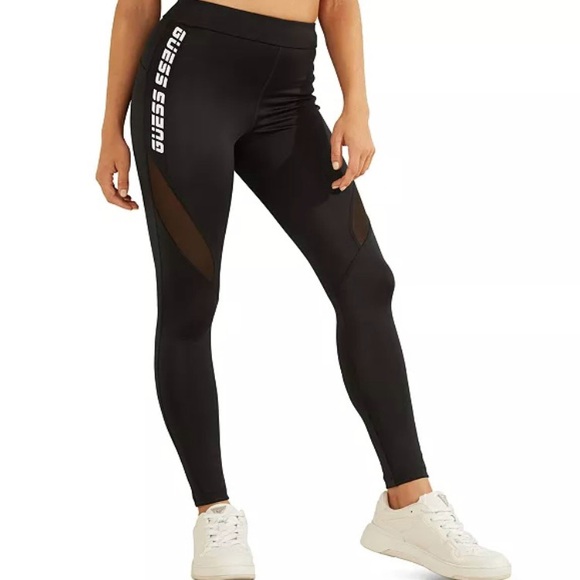 NWT GUESS Logo Mesh-Trim Leggings XS Black - Picture 1 of 12